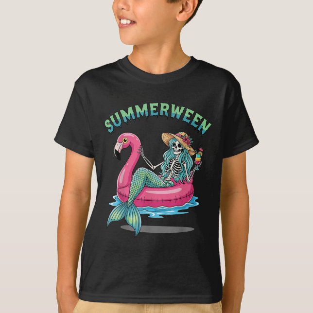Summerween Sjöjungfru Skeleton Flamingo Flyter Hal T Shirt (Framsida)
