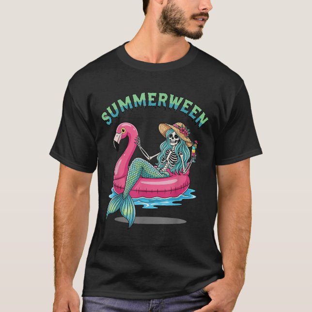 Summerween Sjöjungfru Skeleton Flamingo Flyter Hal T Shirt (Framsida)