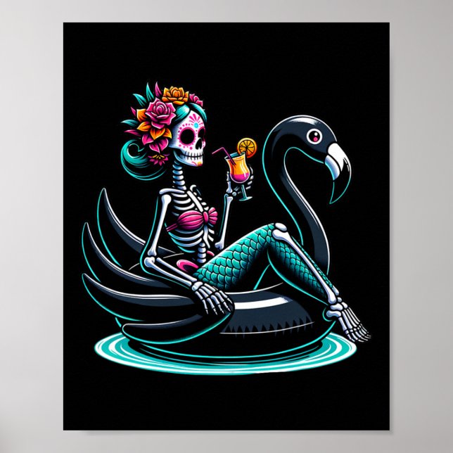 Summerween Sjöjungfru Skeleton Flamingo Flyter som Poster (Framsidan)