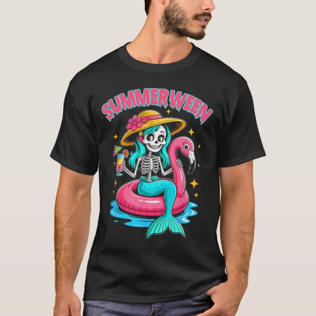 Summerween Sjöjungfru Skeleton Halloween Flamingo  T Shirt (Framsida)