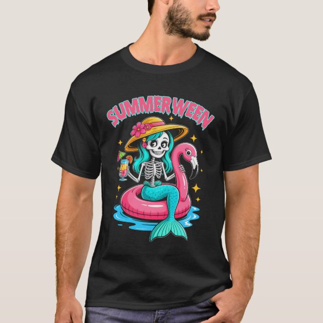 Summerween Sjöjungfru Skeleton Halloween Flamingo  T Shirt (Framsida)