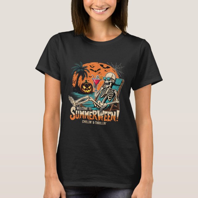 Summerween Skeleton Beach Halloween Tropical Art T Shirt (Framsida)