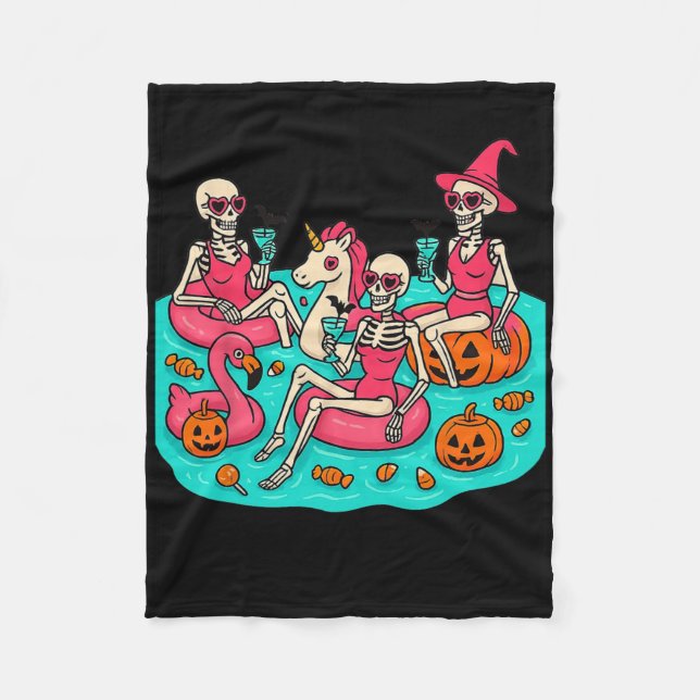 Summerween Skeleton Flamingo väntar bara på Hall Fleecefilt (Framsidan)