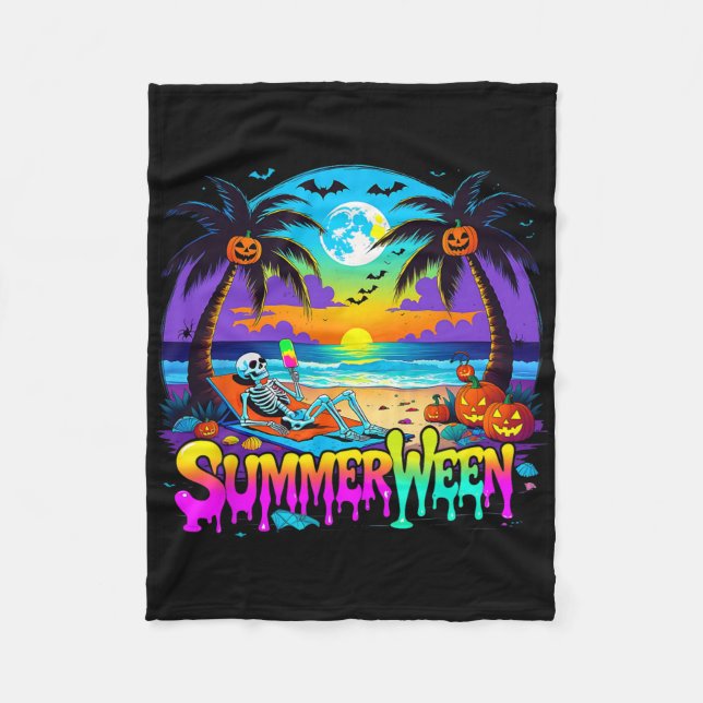Summerween Skeleton Ghost Beach Funny Spooky Hallo Fleecefilt (Framsidan)