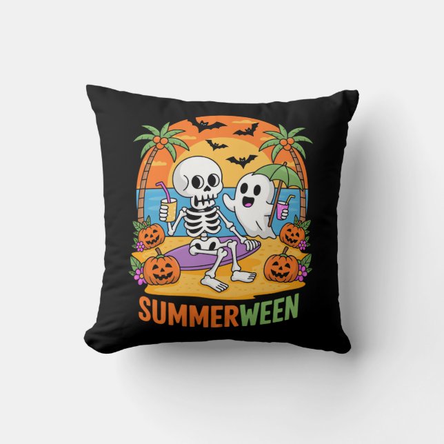Summerween Skeleton Ghost Beach Halloween fest Fu Kudde (Framsida)