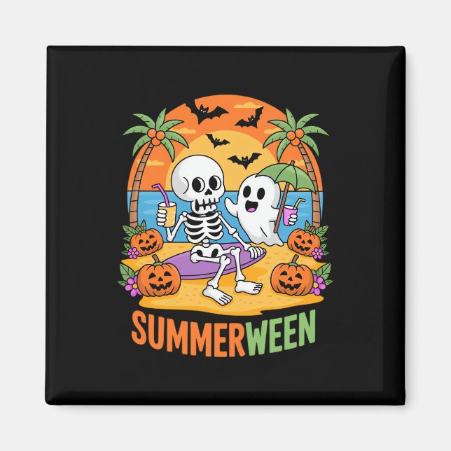 Summerween Skeleton Ghost Beach Halloween fest Fu Magnet (Framsidan)
