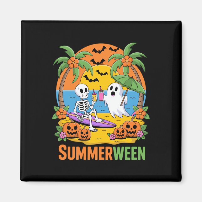 Summerween Skeleton Ghost Beach Halloween fest Fu Magnet (Framsidan)
