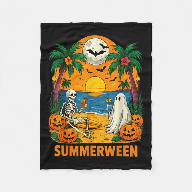 Summerween Skeleton Ghost Beach Party Halloween Vi Fleecefilt (Framsidan)