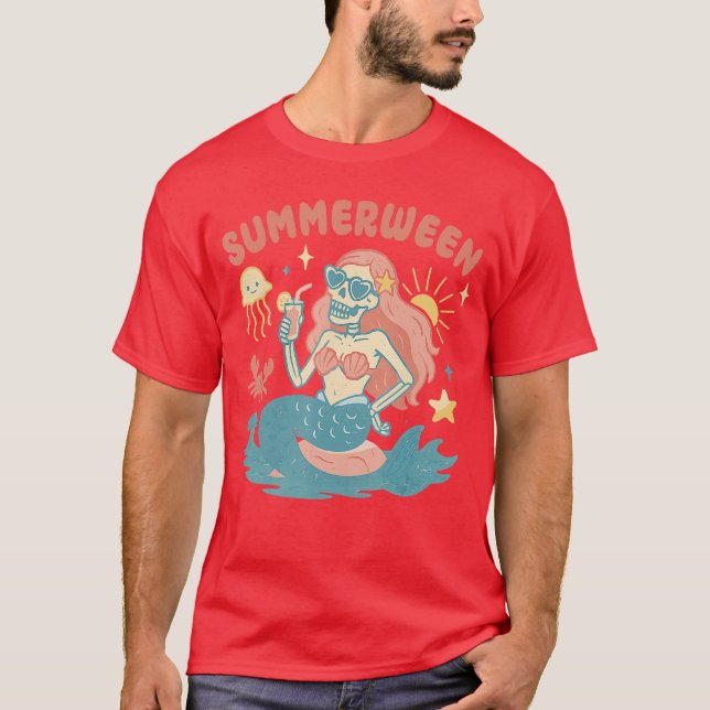 Summerween Skeleton Mermaid Beach Flamingo Hallowe T Shirt (Framsida)
