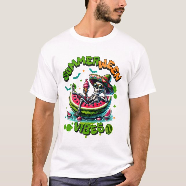 Summerween Skeleton on Watermelon Boat Ice Cream T Shirt (Framsida)
