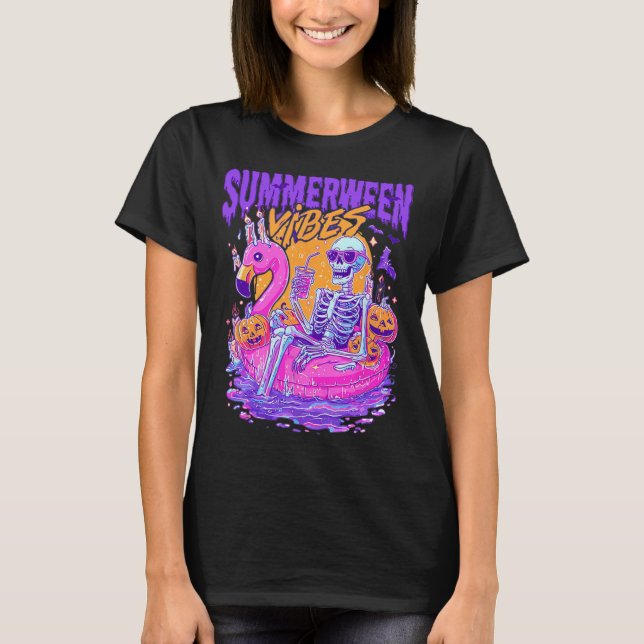 Summerween Skeleton Spooky Summer Beach Skelly Hal T Shirt (Framsida)
