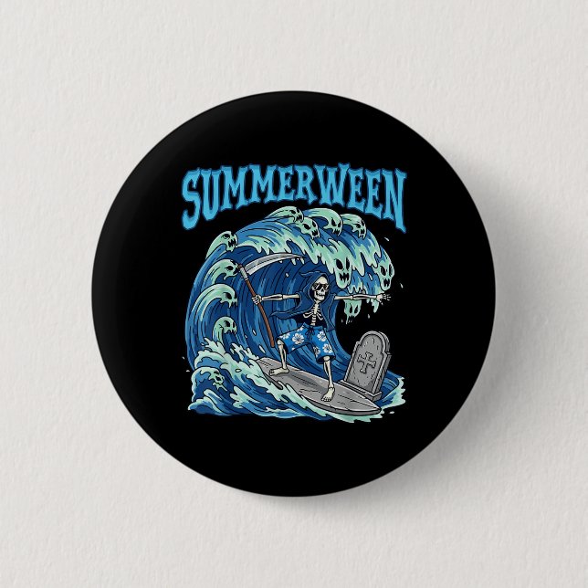 Summerween Skeleton Surfa Grim Reaper Beach Spooky Knapp (Framsida)