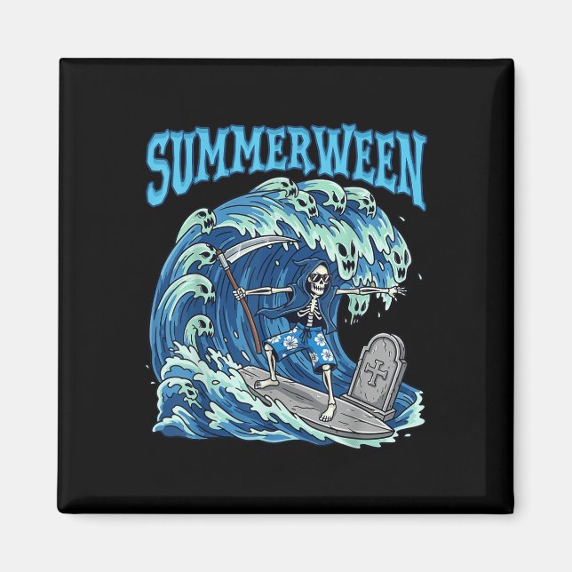 Summerween Skeleton Surfa Grim Reaper Beach Spooky Magnet (Framsidan)