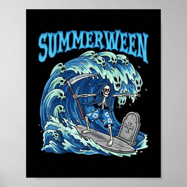 Summerween Skeleton Surfa Grim Reaper Beach Spooky Poster (Framsidan)