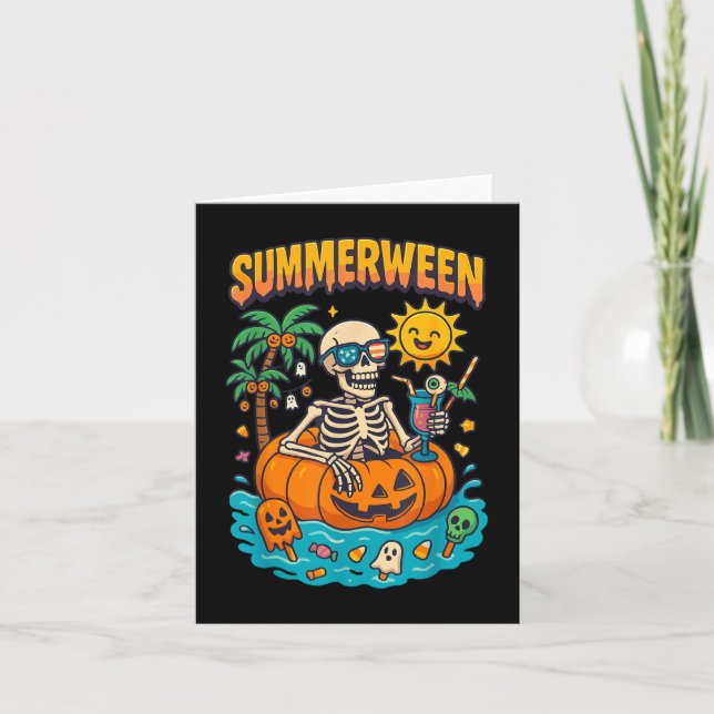 Summerween Skeleton Vibes Chillin in a pumpkin Flo Kort (Framsida)