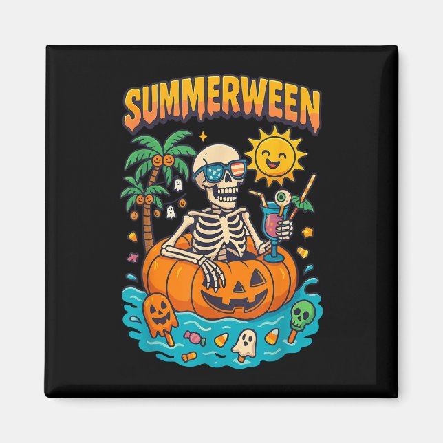 Summerween Skeleton Vibes Chillin in a pumpkin Flo Magnet (Framsidan)