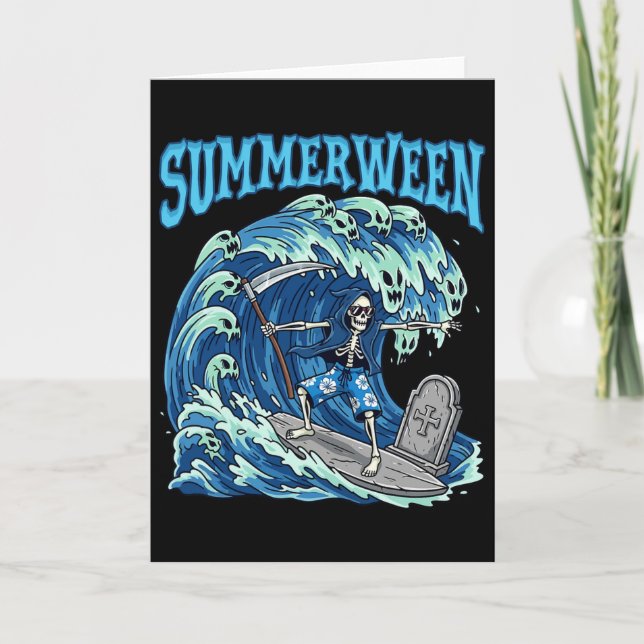 Summerween Skelett Surfande Dödsdöd Strand Kuslig  Kort (Framsida)