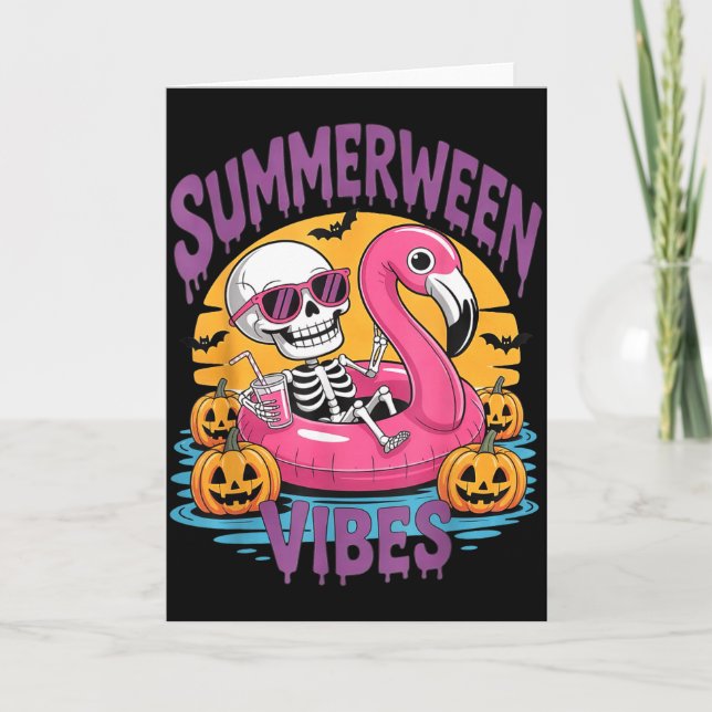 Summerween stämning skelett flamingo kuslig Hallow Kort (Framsida)