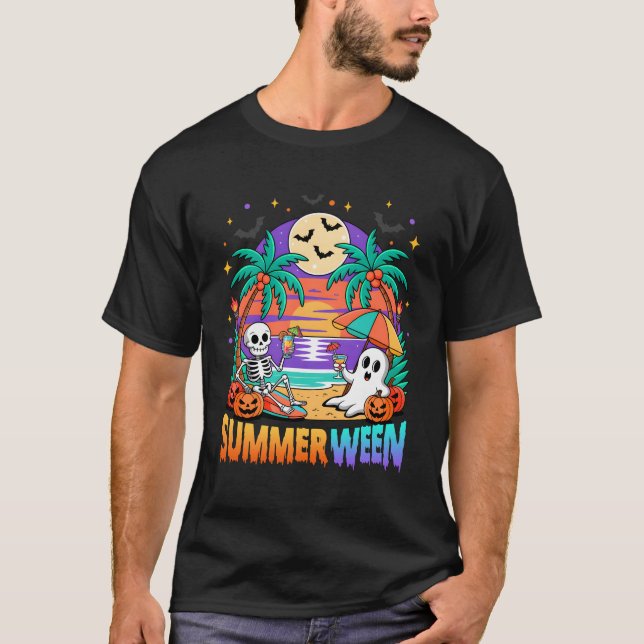 Summerween Summer Skeleton Party Halloween Vibes V T Shirt (Framsida)