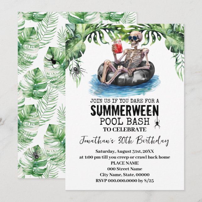 Summerween Tropisk Skelett Födelsedagsfest Inbjudningar (Fram/baksida)