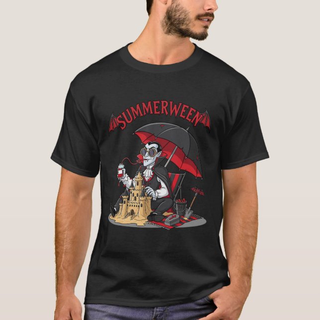 Summerween Vampire Beach Dracula Sandcastle Gothic T Shirt (Framsida)