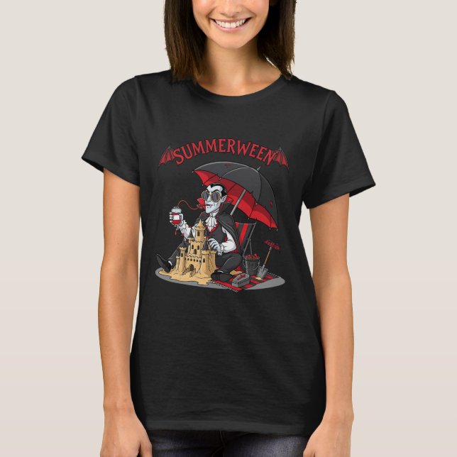 Summerween Vampire Beach Dracula Sandcastle Gothic T Shirt (Framsida)