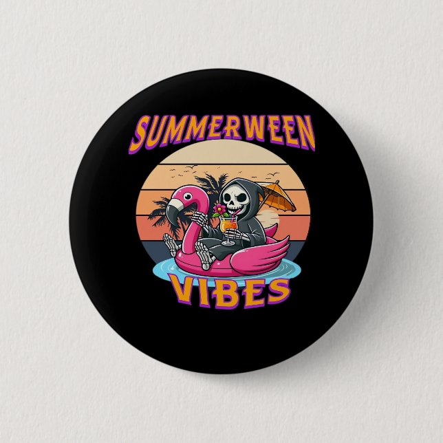 Summerween Vibes Grim Reaper Flamingo Flyt Retro Knapp (Framsida)