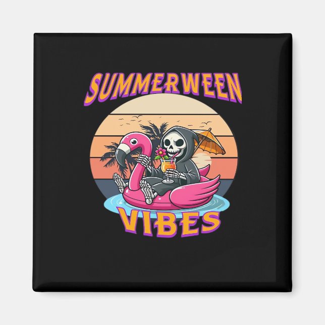 Summerween Vibes Grim Reaper Flamingo Flyt Retro Magnet (Framsidan)