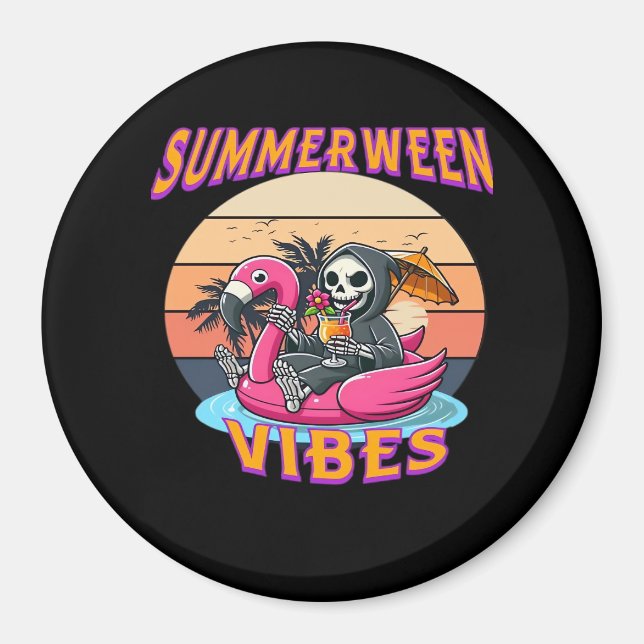 Summerween Vibes Grim Reaper Flamingo Flyt Retro Magnet (Framsidan)