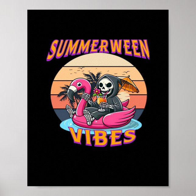 Summerween Vibes Grim Reaper Flamingo Flyt Retro Poster (Framsidan)