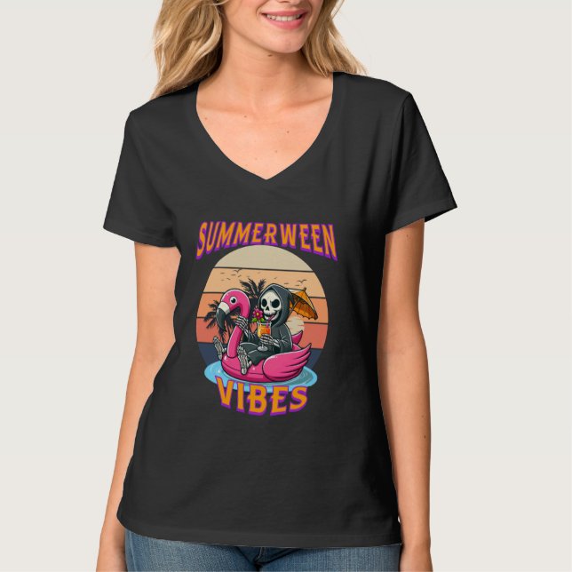Summerween Vibes Grim Reaper Flamingo Flyt Retro T Shirt (Framsida)