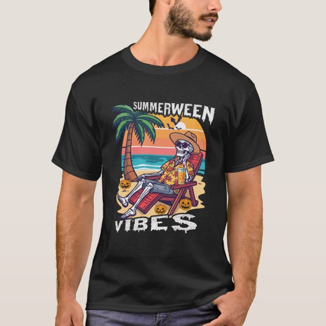 Summerween Vibes Halloween Skeleton T Shirt (Framsida)