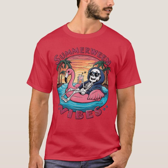Summerween Vibes Halloween Summer Fun Flamingo Ske T Shirt (Framsida)