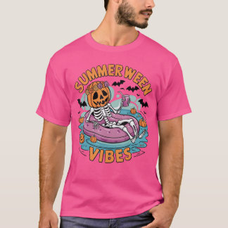 Summerween Vibes Halloween Summer Fun Flamingo Ske T Shirt
