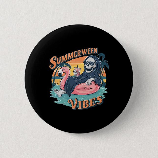 Summerween Vibes Skeleton Flamingo Flyt sommaren H Knapp (Framsida)
