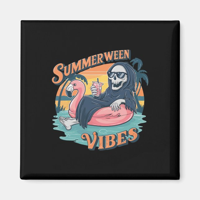Summerween Vibes Skeleton Flamingo Flyt sommaren H Magnet (Framsidan)