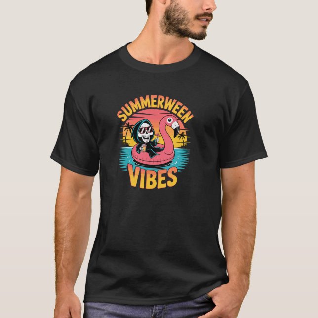 Summerween Vibes Skeleton Flamingo Flyt sommaren H T Shirt (Framsida)