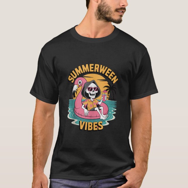 Summerween Vibes Skeleton Flamingo Flyt sommaren H T Shirt (Framsida)