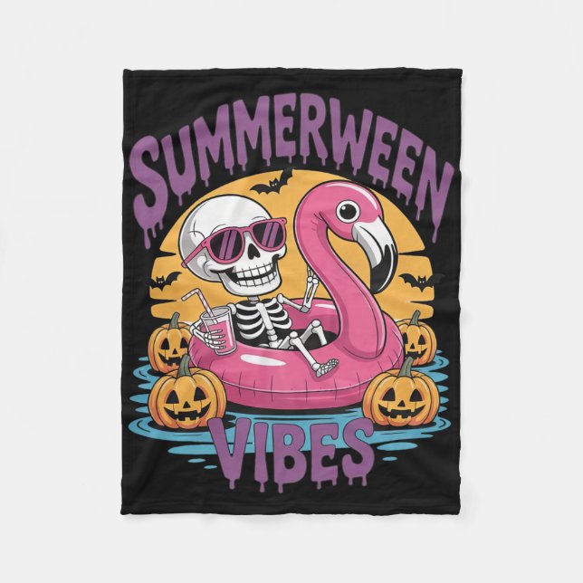 Summerween Vibes Skeleton Flamingo Spooky Hallowee Fleecefilt (Framsidan)