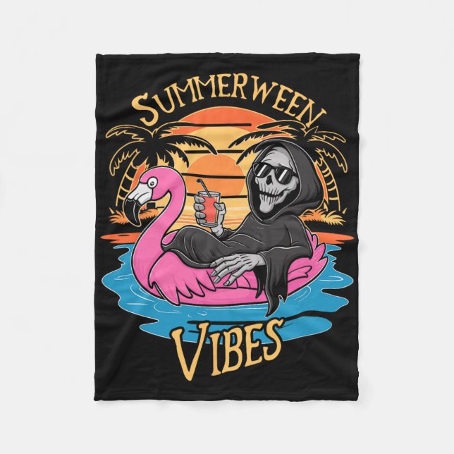 Summerween Vibes Skeleton Flamingo Spooky Hallowee Fleecefilt (Framsidan)