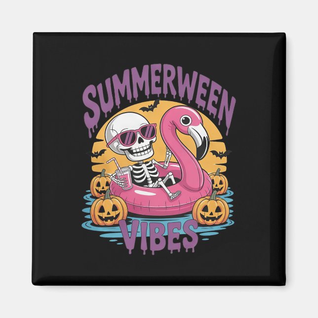 Summerween Vibes Skeleton Flamingo Spooky Hallowee Magnet (Framsidan)