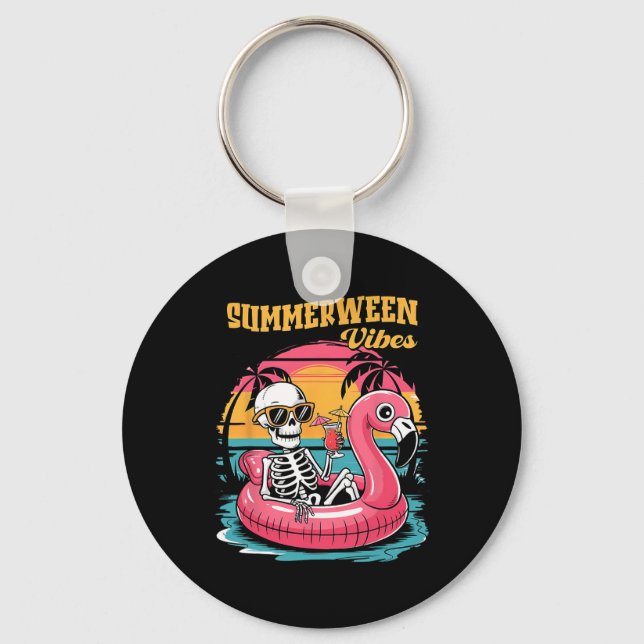 Summerween Vibes Skeleton Flamingo Spooky Hallowee Nyckelring (Framsida)
