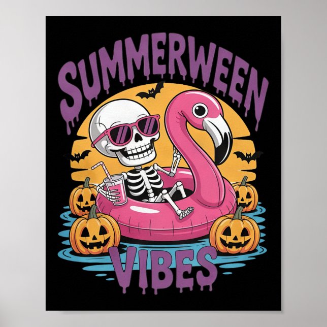 Summerween Vibes Skeleton Flamingo Spooky Hallowee Poster (Framsidan)