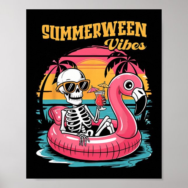 Summerween Vibes Skeleton Flamingo Spooky Hallowee Poster (Framsidan)