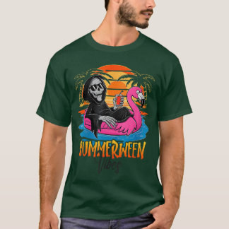 Summerween Vibes Skeleton Flamingo Spooky Hallowee T Shirt