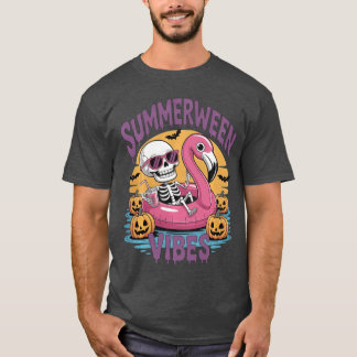 Summerween Vibes Skeleton Flamingo Spooky Hallowee T Shirt