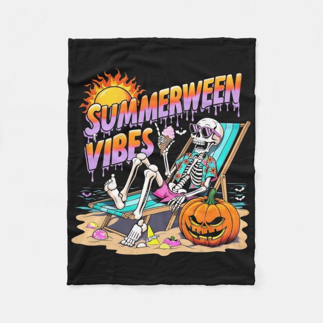 Summerween Vibes Skeleton Pumpkin Spooky Vacation Fleecefilt (Framsidan)