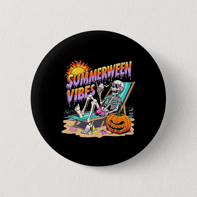 Summerween Vibes Skeleton Pumpkin Spooky Vacation Knapp (Framsida)