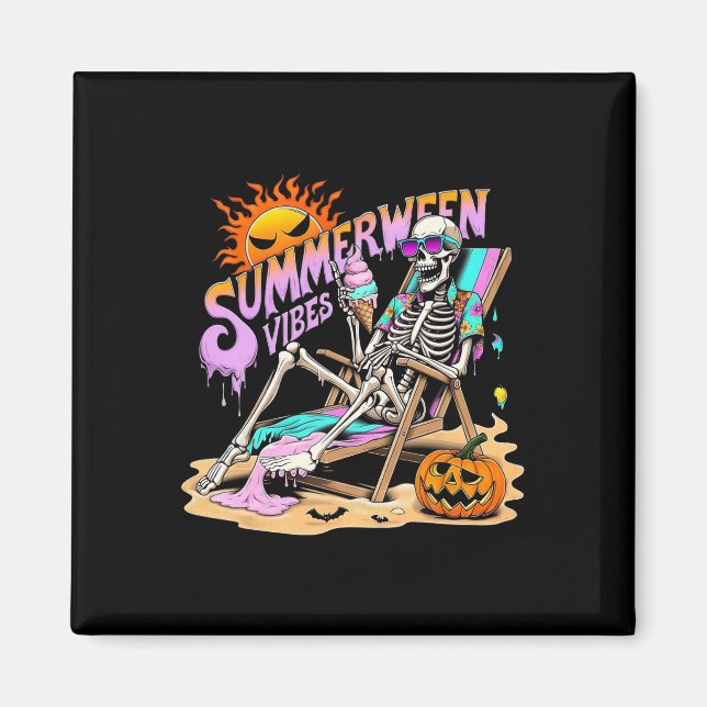 Summerween Vibes Skeleton Pumpkin Spooky Vacation Magnet (Framsidan)