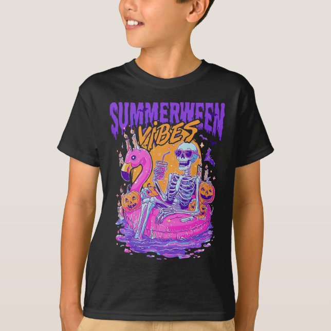 Summerween Vibes Skeleton Pumpkin Spooky Vacation T Shirt (Framsida)